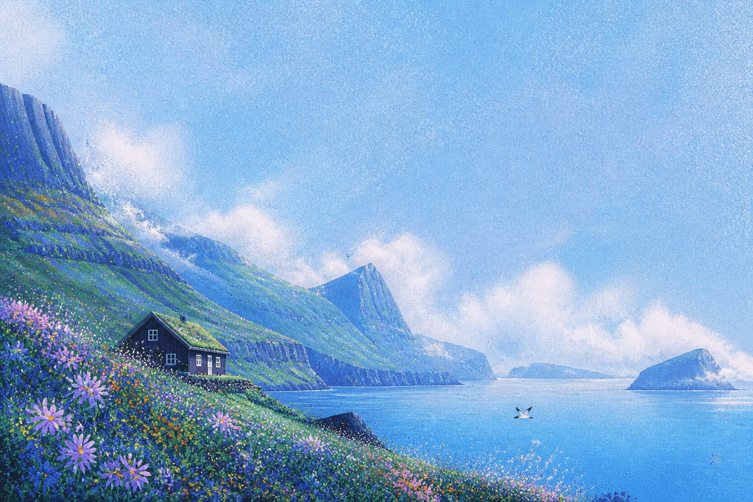 A lone cabin on a green headland above the sea