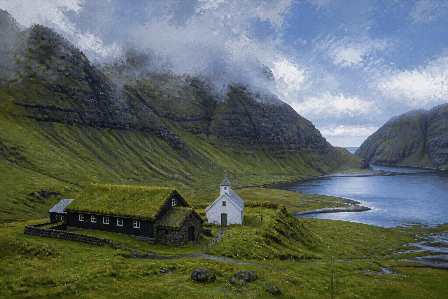 The church and turf-roof farmhouse in Saksun, Faroe Islands