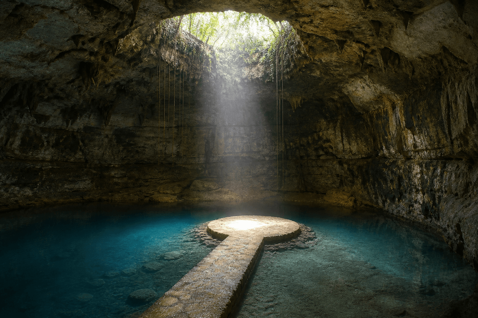 The stone walkway inside Cenote Suytun in Mexico's Yucatán Peninsula